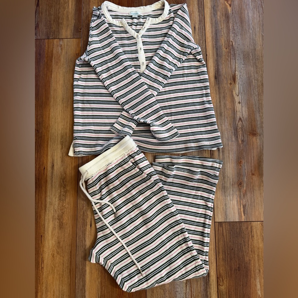 Sundance Dina Pajama Set Green Pink Striped Thermal Size Small wide leg